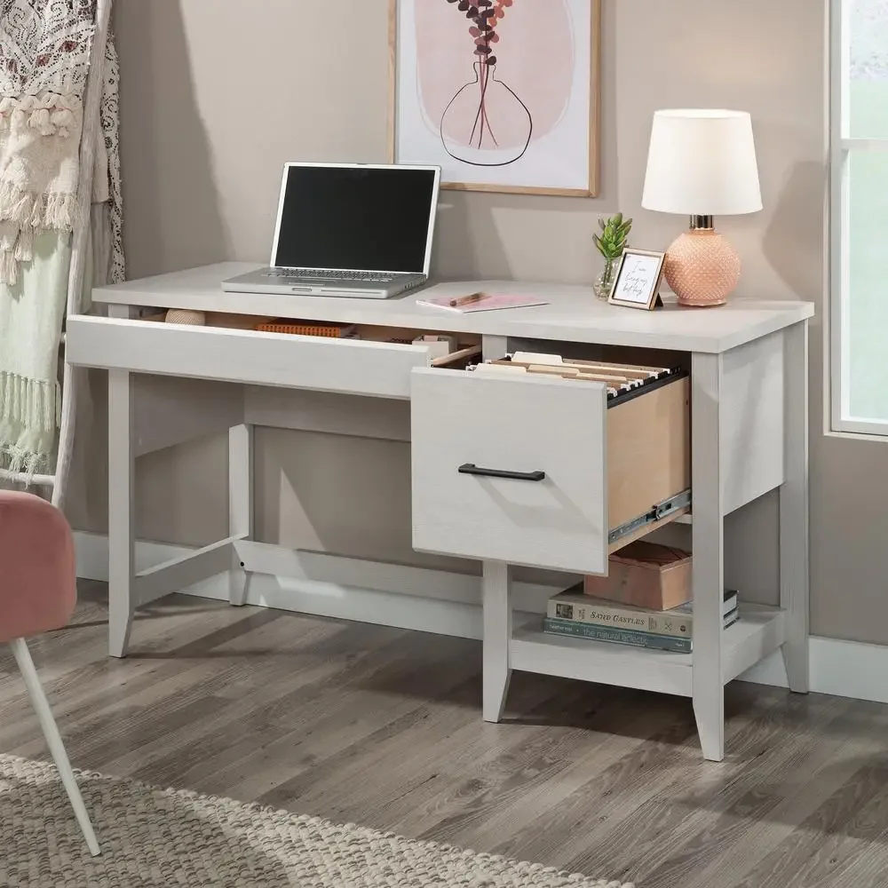 Glacier Oak Single Pedestal Desk with Drawers Writing Desk Cable Management Oak Finish Summit Station Collection Easy Assembly