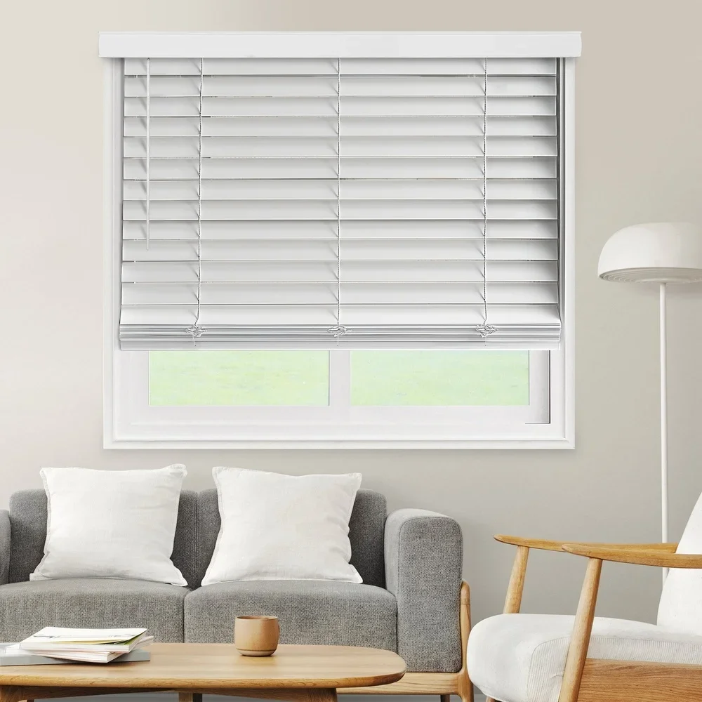 

Cordless Faux Wood Blinds Room Darkening 2 inch PVC Waterproof Child Safe Easy Installation White Slats Custom Fit 34W x 72H