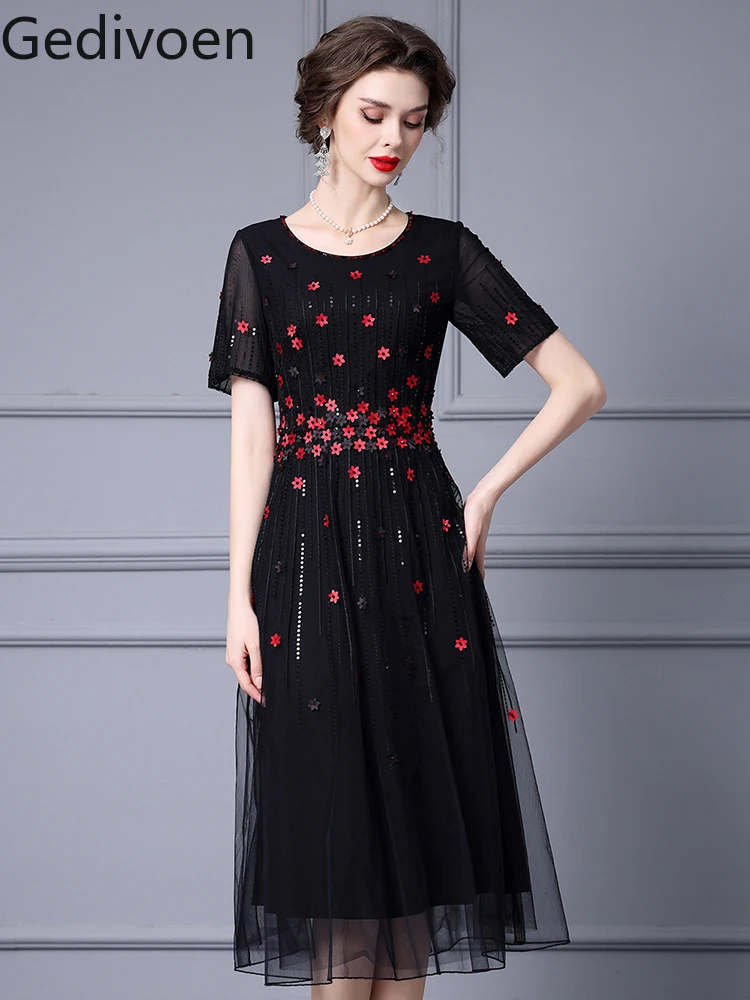 Gedivoen Summer Fashion Runway New Designer Floral Sequins Embroidered Flares Office Lady Style Elegant A-LINE Dress