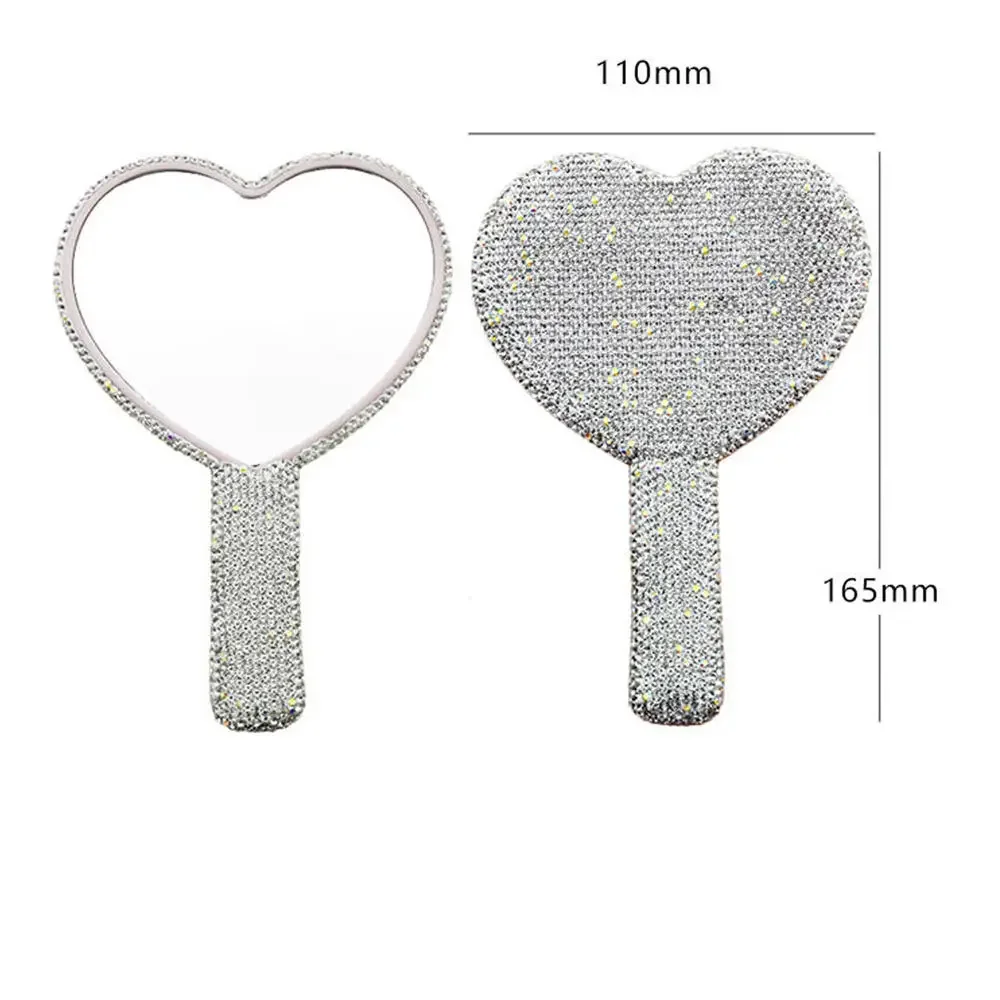 Diamond Handheld Makeup Mirror Love Heart Mirror Female Handle Makeup Cosmetic Beauty Tools Handheld Vanity Girls Make Up Mirror