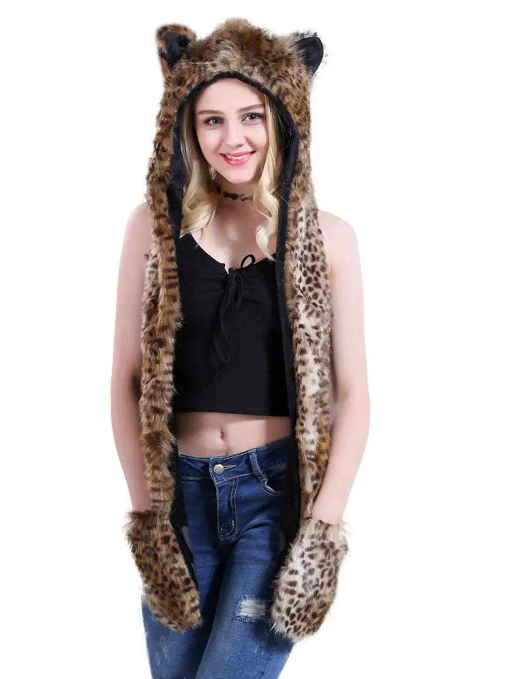 African Leopard ,Winter Novelty Faux Fur Hoods Animal Hat Scarf Gloves 3 in1 Fleece Hooded Plush Warm Earmuff Warcraft Cap