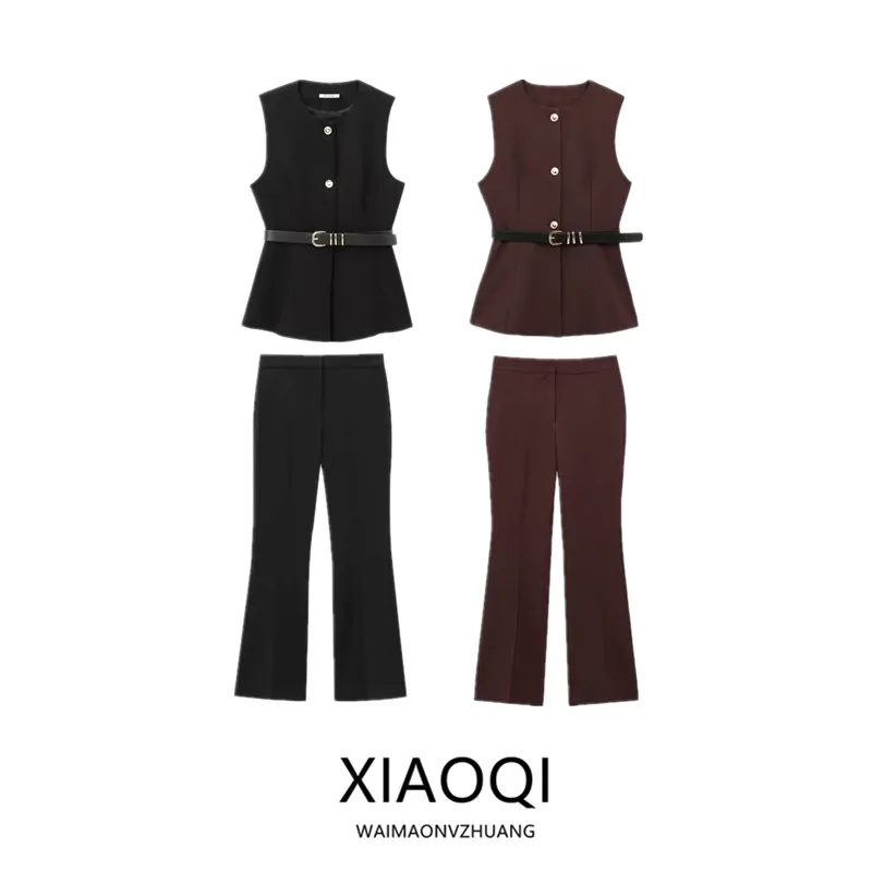 

2024 Autumn Winter New Simple No Sve round Ne Vest Belted Women's Faion 9300525 Versatile Single Button Other Material