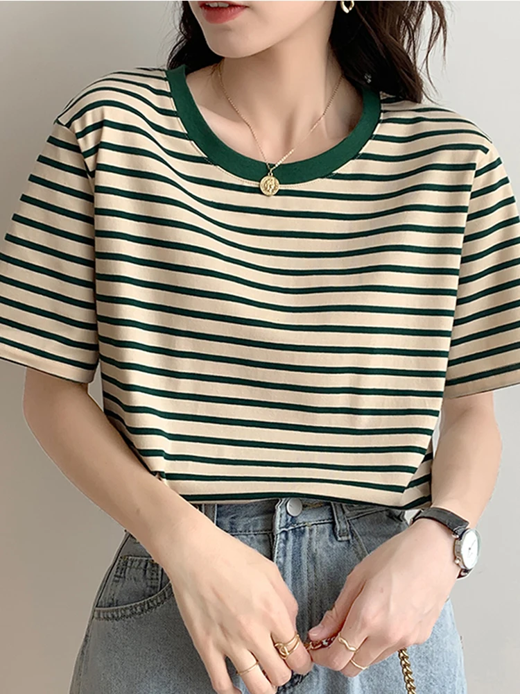 Summer Women Striped Tshirt Tops 2026 Long Sleeve O-Neck T-Shirts Fashion Korean Casual Cotton Loose Tees Femme Top