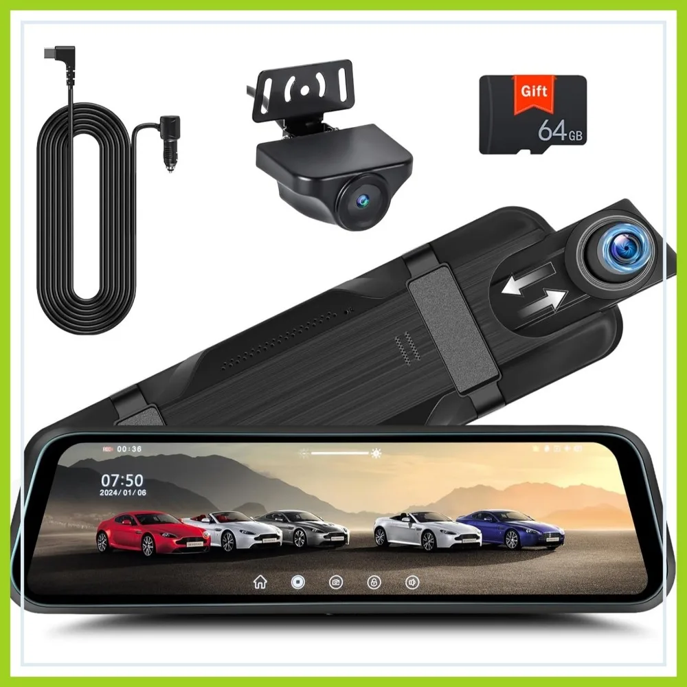 

9.66" HD IPS Touch Screen Rear View Mirror Dash Cam, 1080P Front & Rear, 64GB Card, Night Vision, Parking Monitor