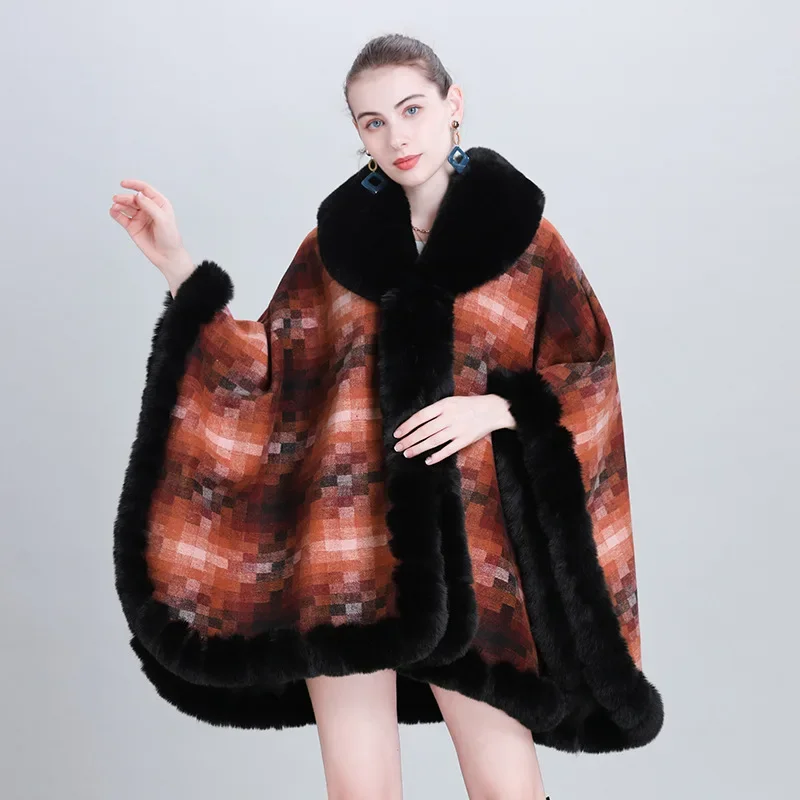 Thicken Lining Woolen Faux Rabbit Fur Cloak Overcoat Women Fashion Novelty Winter Coat Cape V Lapel Big Long Shawl Cardiga B469