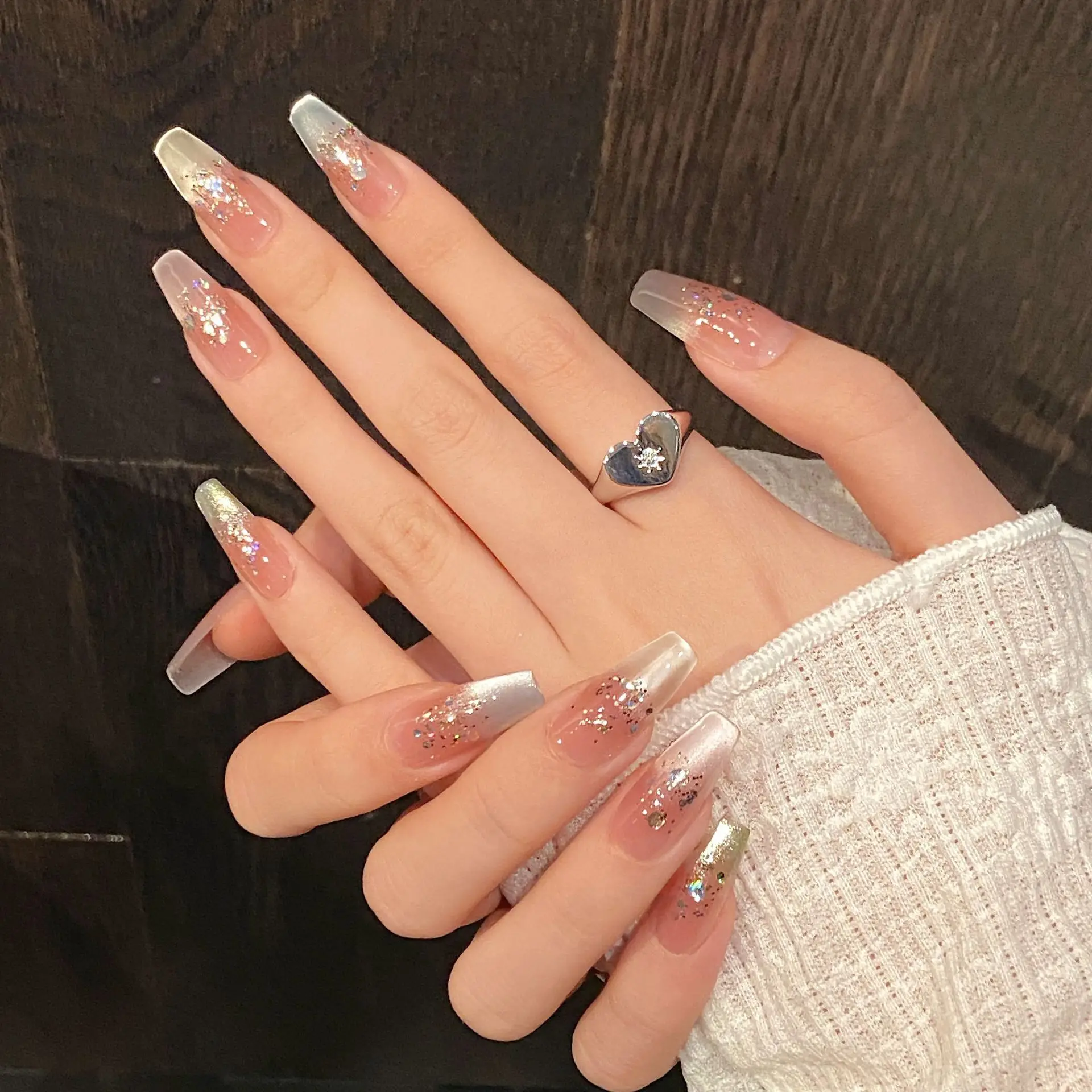 Handmade Press on Nails Rainbow Cateye Fairy with Gillter Design Reusable Wearable Fasle Nails Manicure Full Cover Nail Art