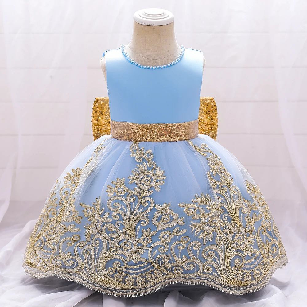 Vintage Girls Big Bow Wedding Bridesmaid Party Dress Kids Flower Embroidery Fashion Dresses Young Girl V-neck Clothes New Wear