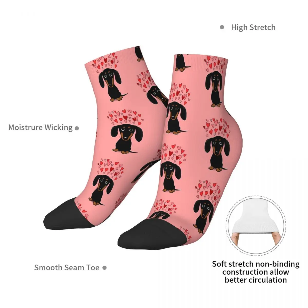 Black And Tan Dachshund With Valentine Hearts Cute Cartoon Wiener Dog Ankle Socks Male Mens Women Spring Stockings Printed