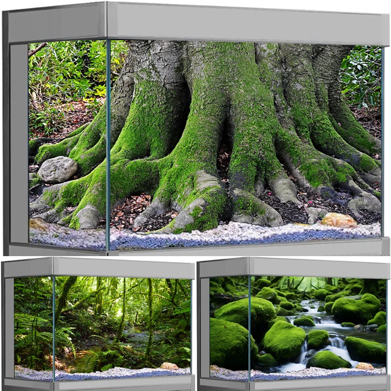 Realistic 3D Green Moss Tree Root Aquarium Background Sticker Forest Stream Landscape Fish Tank Decorative Backdrop