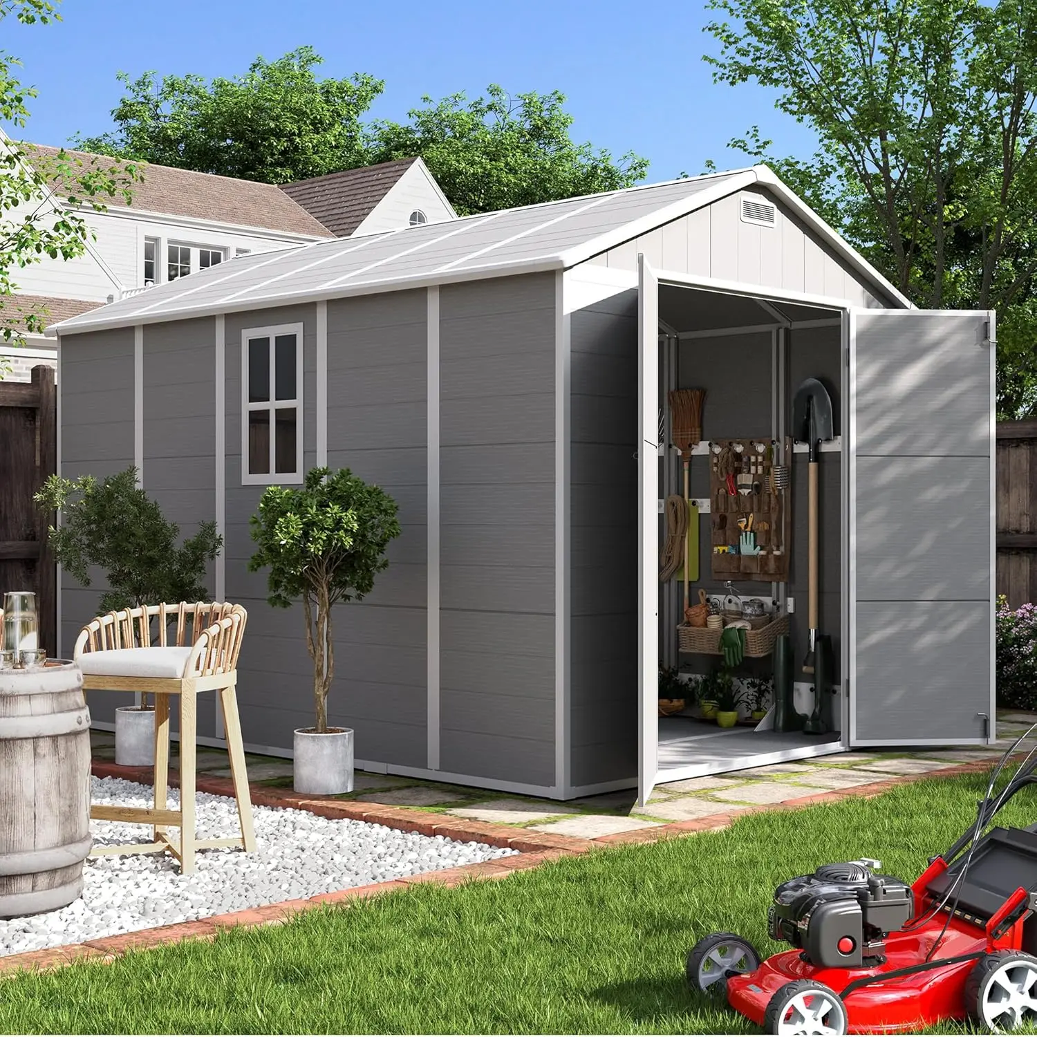 Outdoor Storage Shed 7.5x10.7 FT Resin Plastic Shed for Bike Garbage Can Tool Outside Sheds & Outdoor Resin Shed