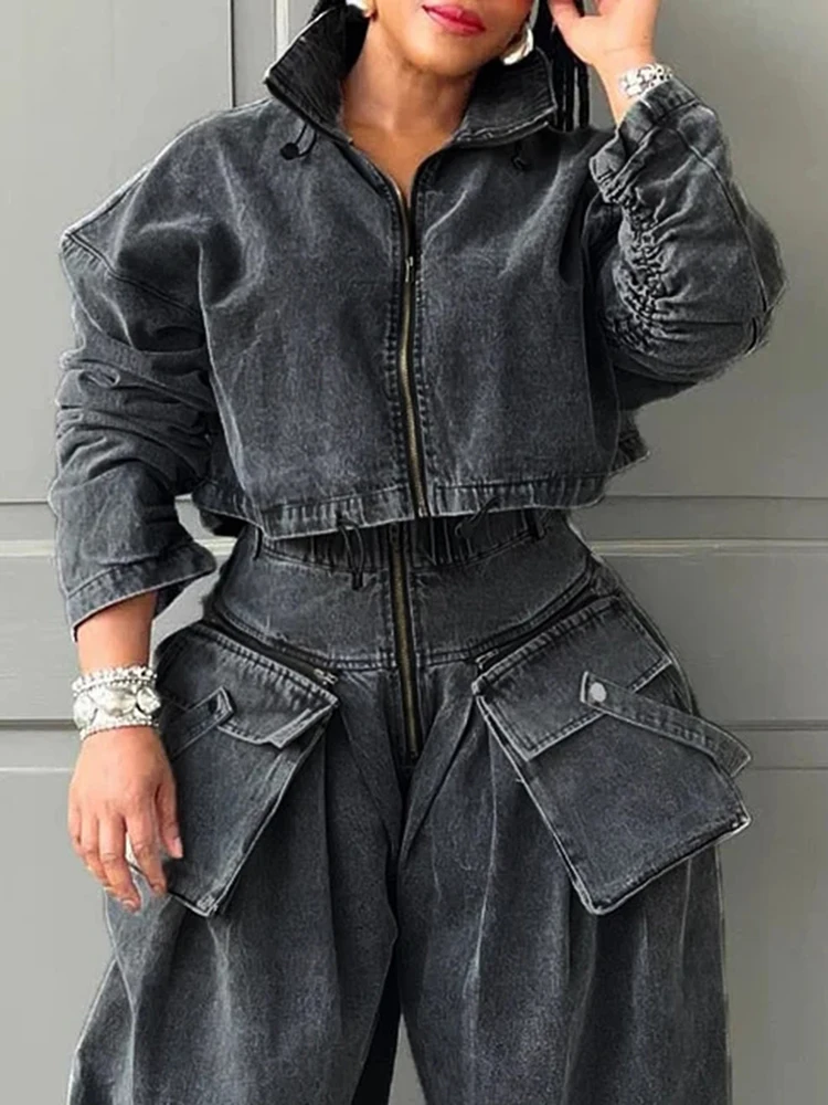 CHICEVER Streetwear Autumn Denim Coats For Women Stand Collar Long Sleeve Patchwork Zipper Casual Loose Jackets Female 2024 New