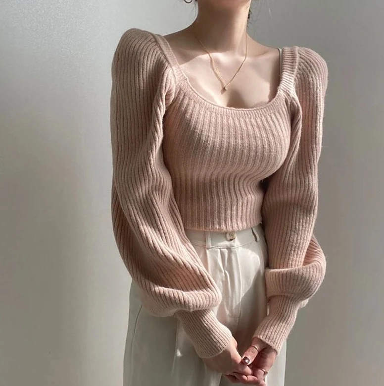 

Retro Bubble Sleeve Sweater Temperament Square Neck Solid Knitted Top Women Long Sleeved Waist Cinching Pullover