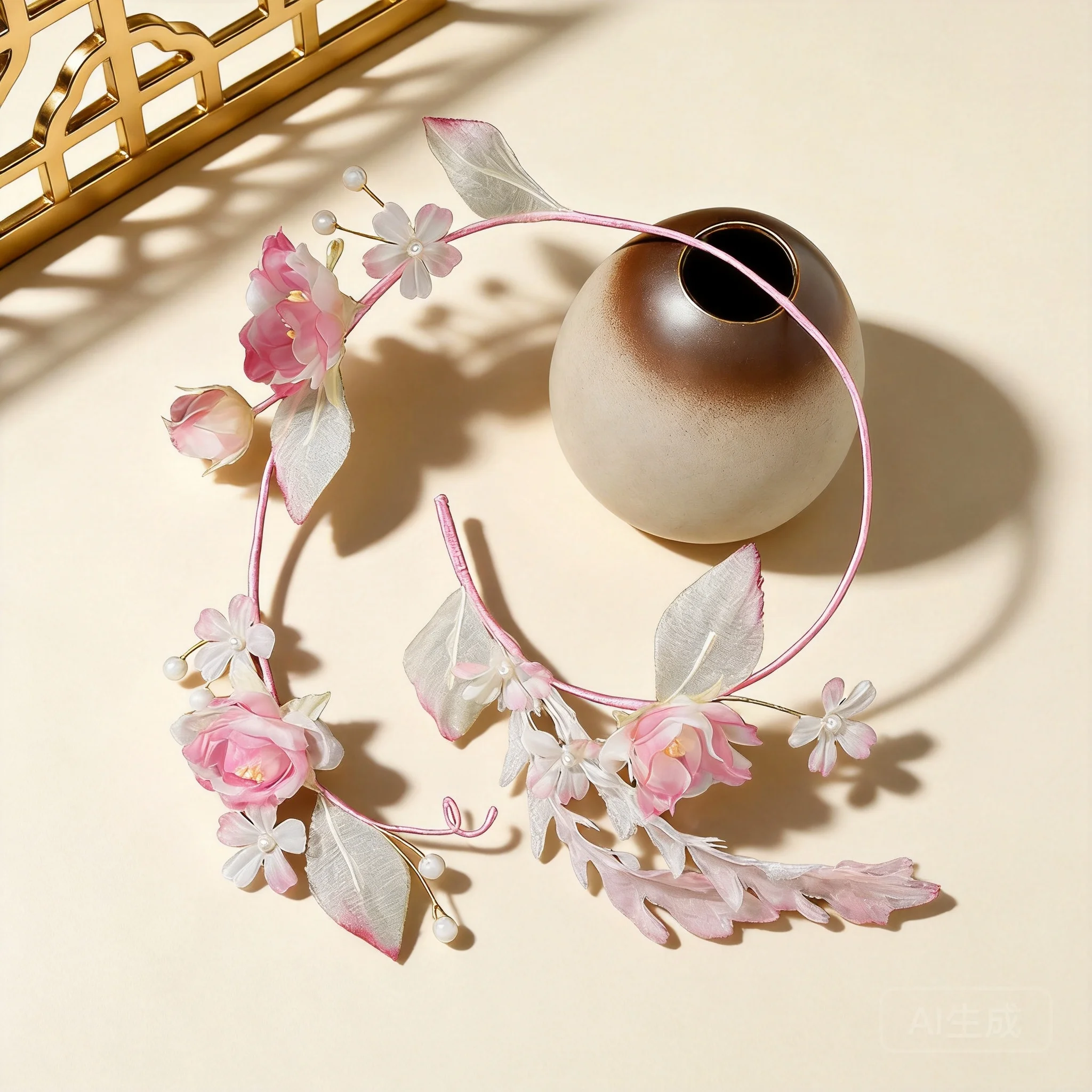 Chinese Style Hanfu Pink Gradient Phoenix Tail Organza Hair Hoop Handmade Hot Stamping Flower Fairy Hair Accessories For Women