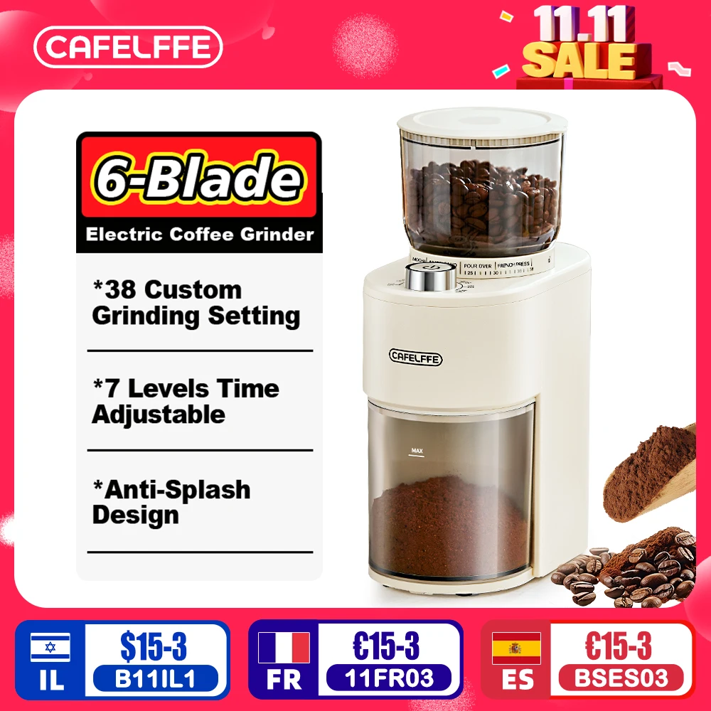 Cafelffe Anti-static Coffee Grinder Adjustable Burr Mill with 38 Grind Settings Electric Coffee Bean Grinder for Espresso,220V