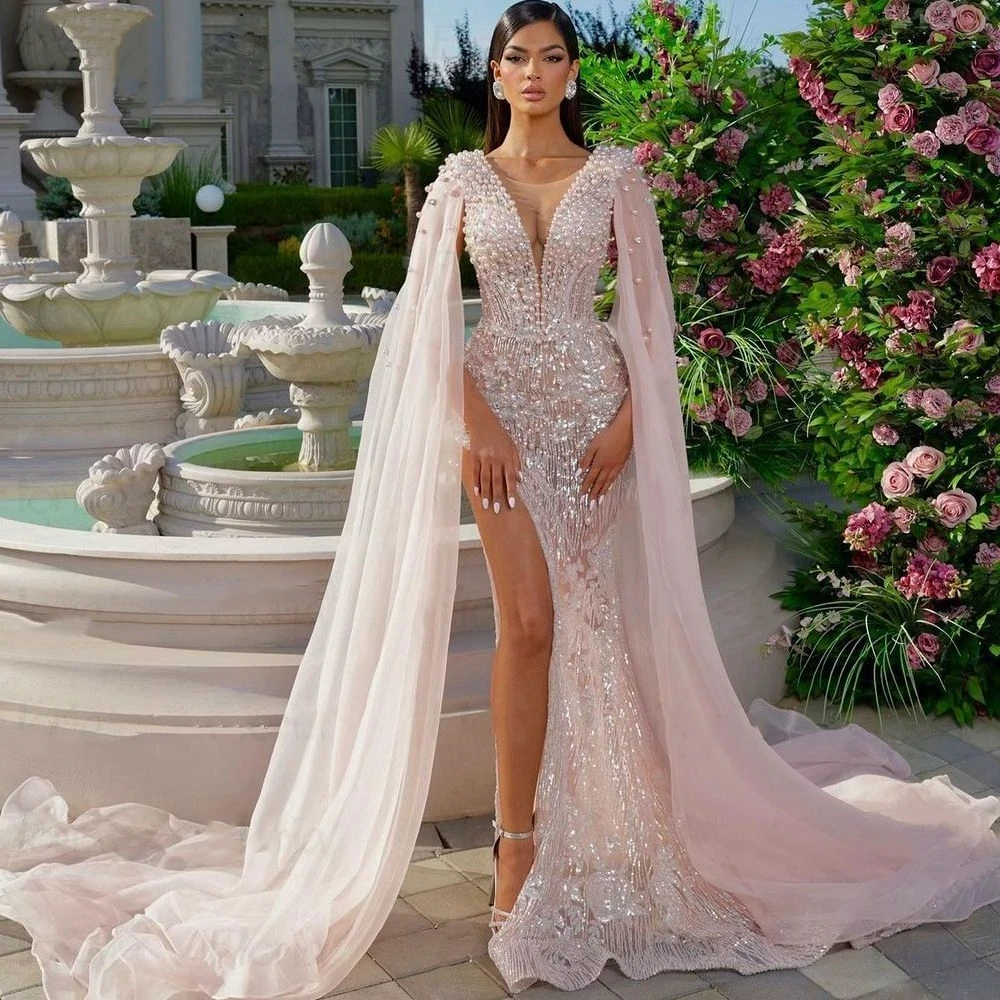 

Exquisite Pearls Sequins Prom Dresses Cape Sleeves Side Split Illusion Mermaid Evening Gowns Custom Made Robe De Soirée