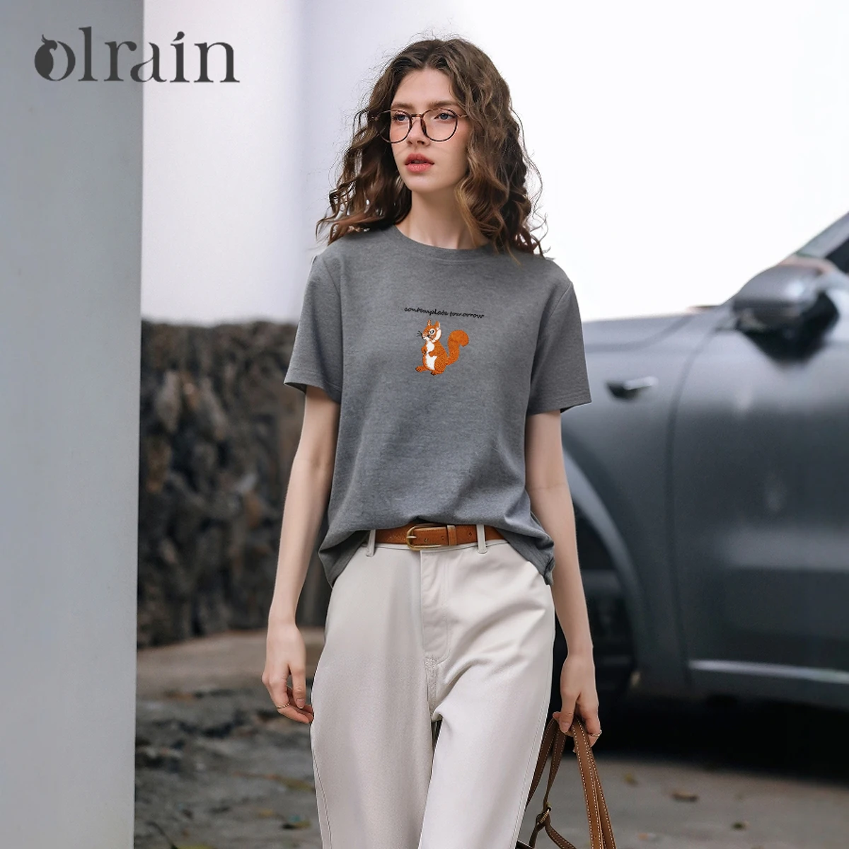 OLrain Basic Crew Neck Short Sleeve Tee 2026 Summer Contrast Color Cartoon Letter Embroidered Casual Loose Top Women O58XT98166