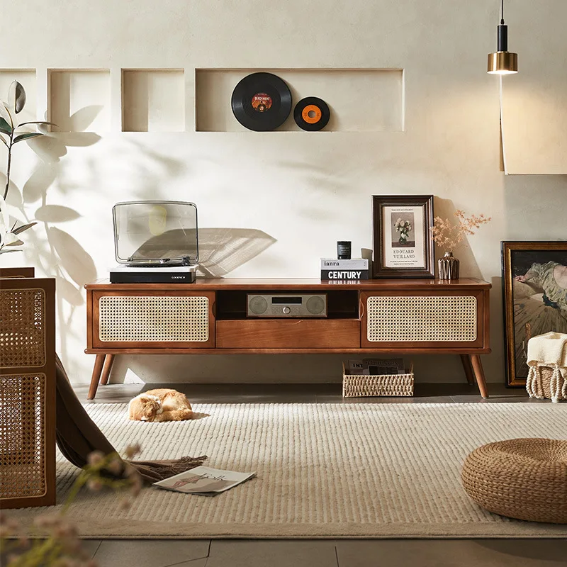 

Japanese-style solid wood rattan TV cabinet small apartment living room retro floor cabinet integrated against the wall log wind