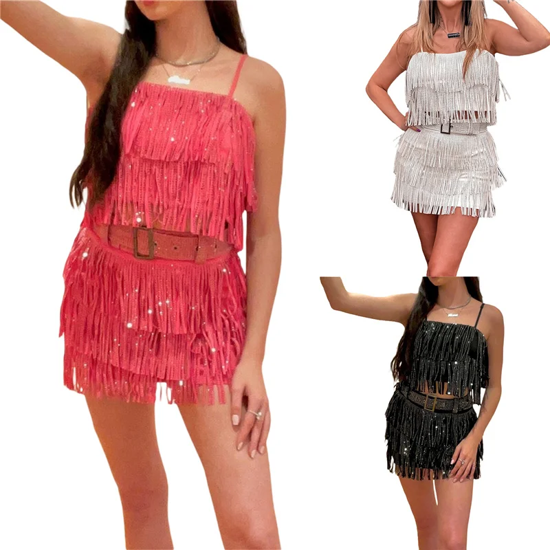 Women's Summer 2PCS Outfit Sets Sleeveless Sequins Sling Vest + Tassel Mini Skirt with Belt