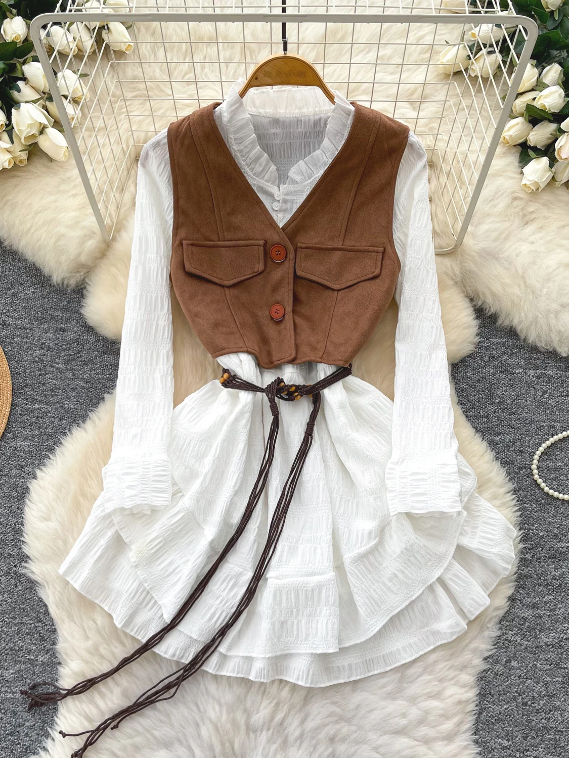 

Комплект: винтажное платье-рубашка с эффектом похудения и поясом для женщин, весна-осень, модный ансамбль с завышенной талией