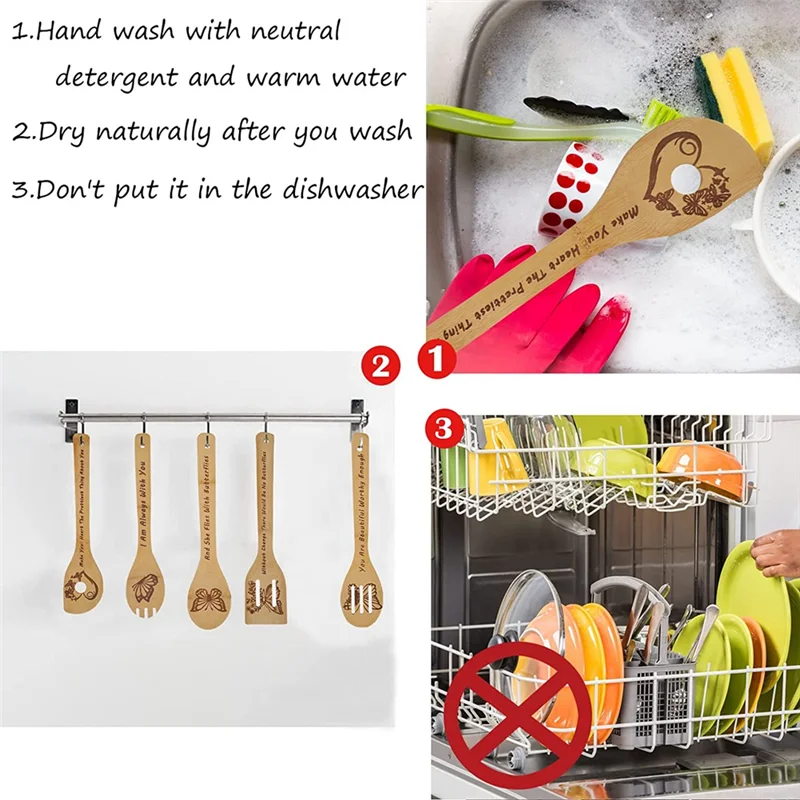 NOCM Butterfly Wooden Cooking Spoons Set of 5,Butterfly Kitchen Gift,Butterfly Kitchen Decor,Bamboo Cooking Spoons