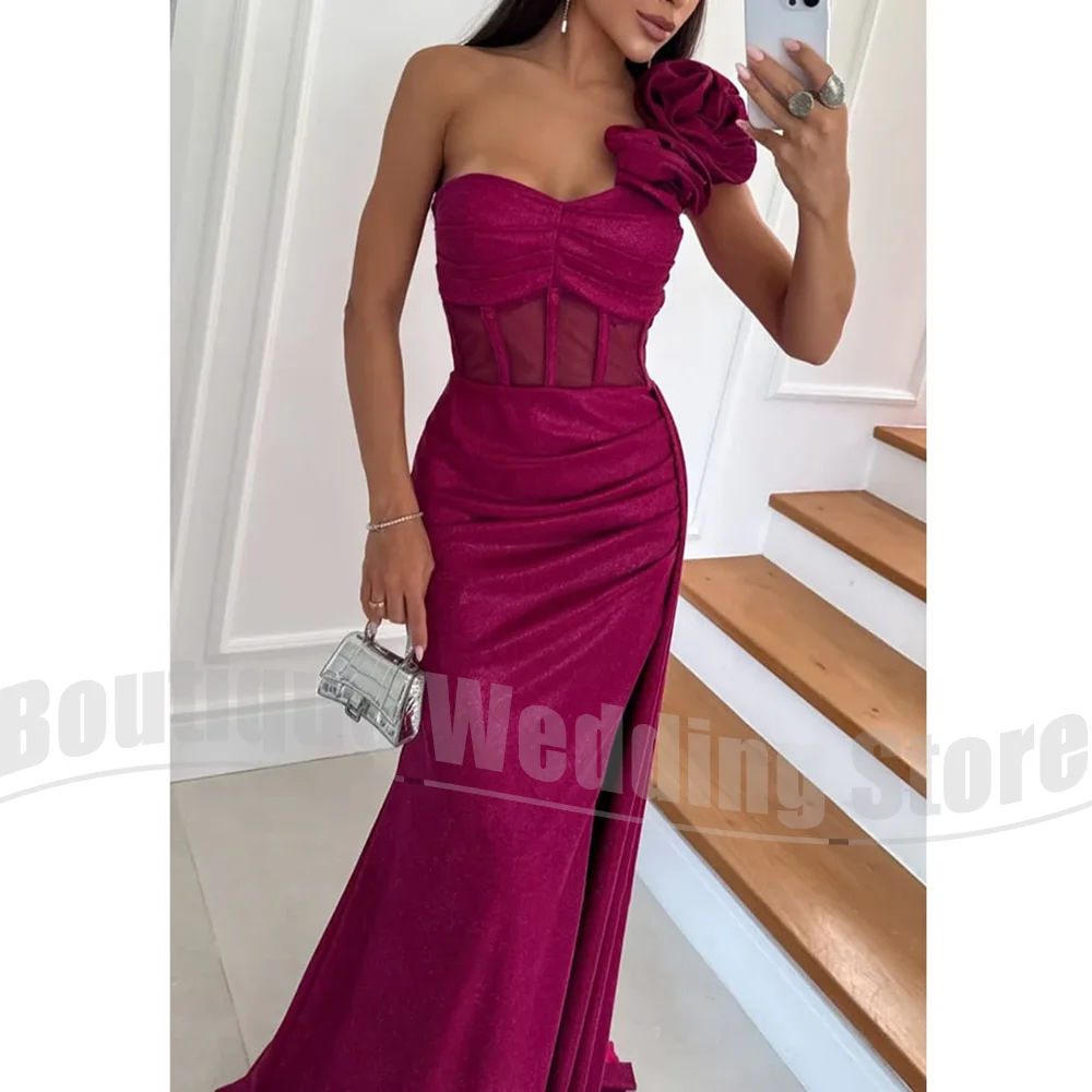 

Prom Dresses Flowers One-Shoulder Sheath Women Party Gowns Fashion Side Slit Floor Length Pleated Customized Evening Dresses
