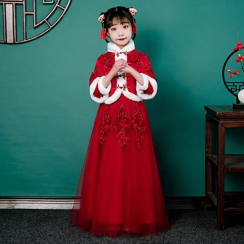 

Girls Winter Cotton Linen New Years Dress Tang Suit Kids Chinese Lovely Ancient Hanfu Children Embroidery Cotton-padded Clothes