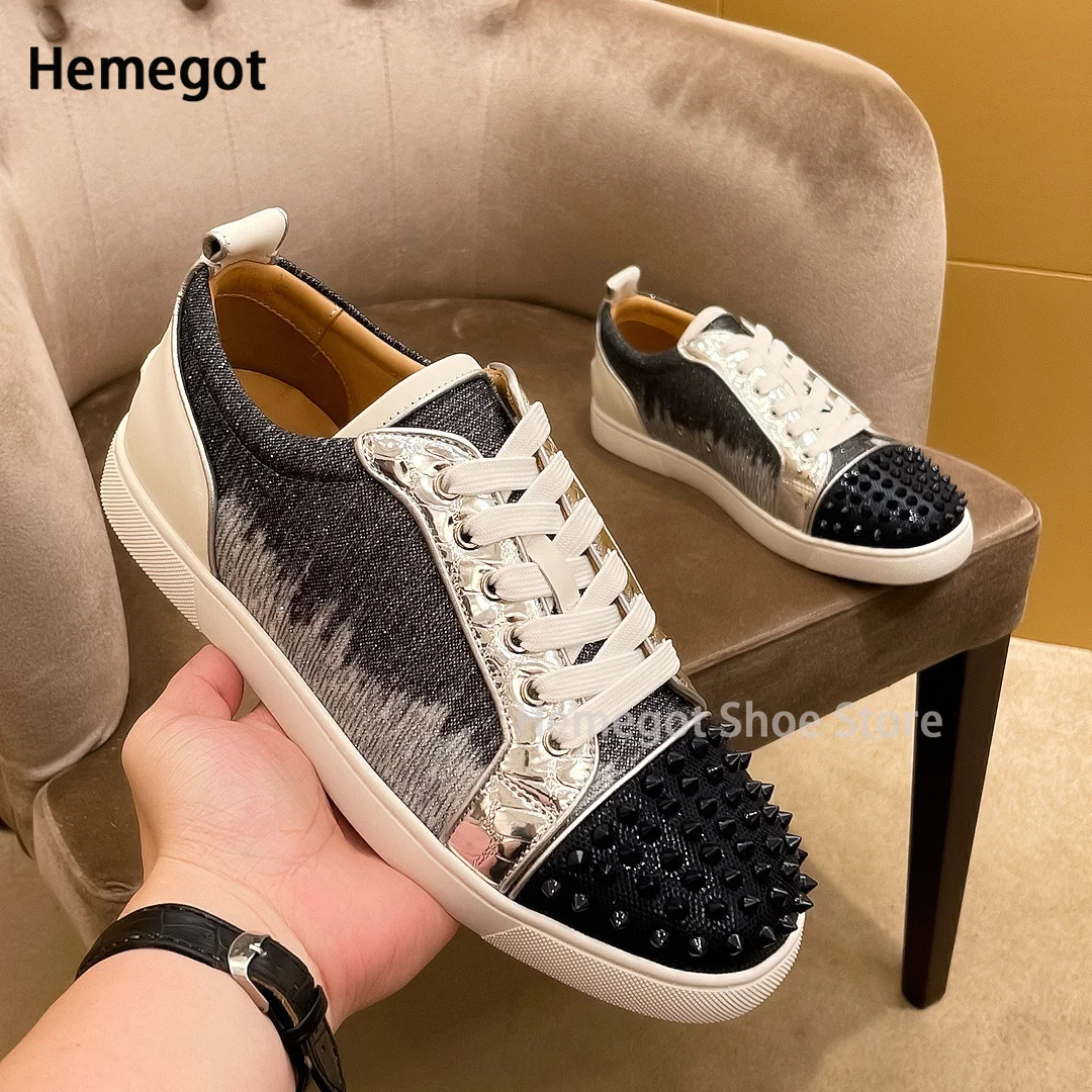 Rivet Sequin Metal Low-Top Shoes Men's Lace-Up Gradual Color Leather Casual Sneakers Genuine Leather Spike Rivet Big Size Flats