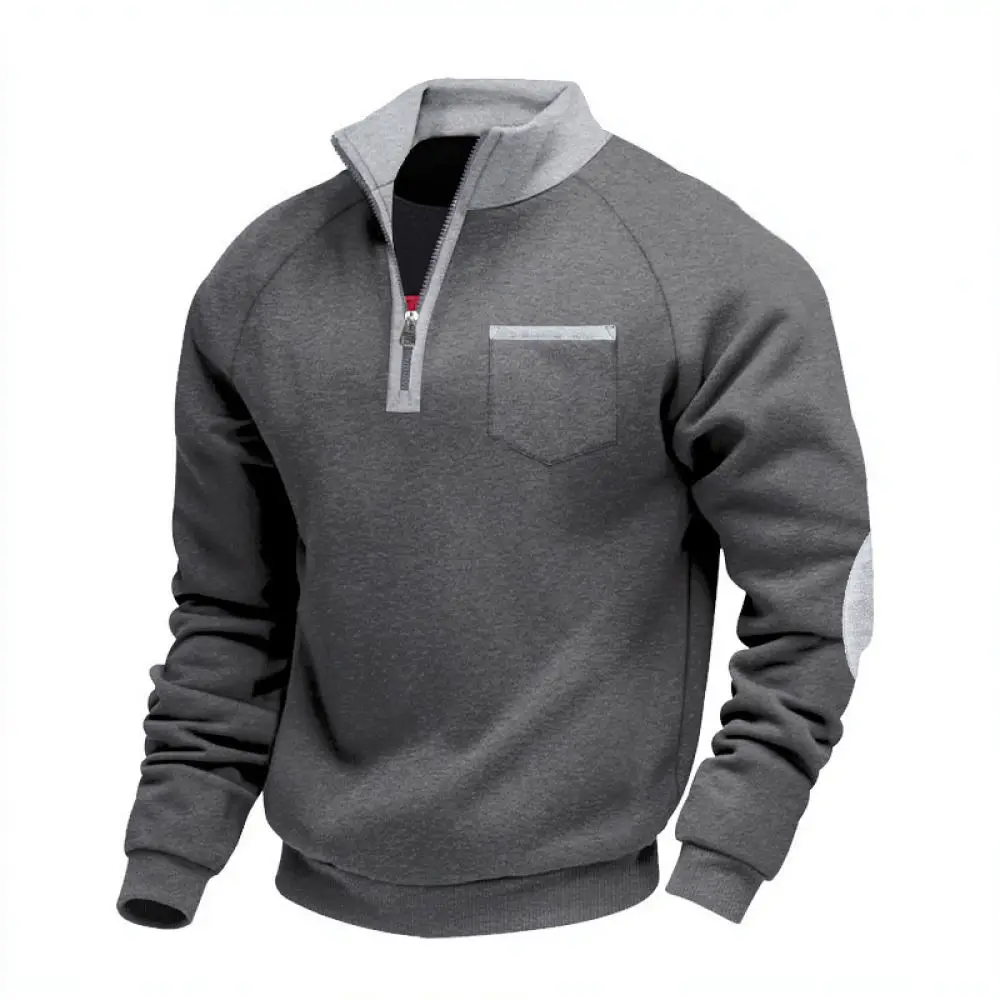 Winter Mens Sweatshirt Fleece Lined Zipper Stand Collar Patchwork Casual Pullover Streetwear Long Sleeve Tops