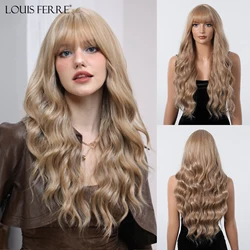 LOUIS FERRE Long Wavy Ash Brown Synthetic Wigs for Women Natural Body Wave Hair With Bangs 26 inch Fiber Wigs for Daily Cosplay