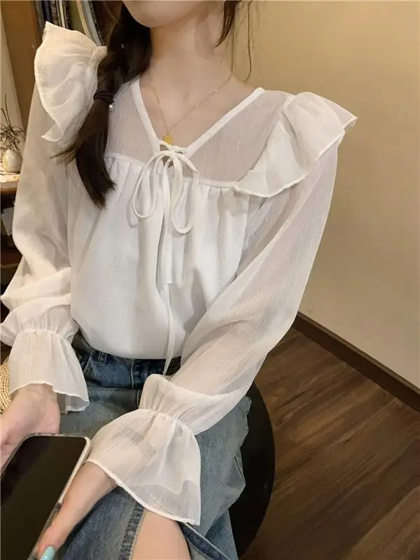 Sweet Chiffon Top Women\'s Ruffled Loose Lace Up Shirt V-neck Design Sense Niche Long Sleeved Shirt