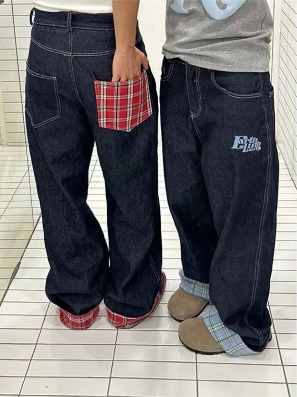 

American High Street Plaid Splicing Cuffed Denim Pants Loose Straight Loose High Waist Long Trousers for Men And Women
