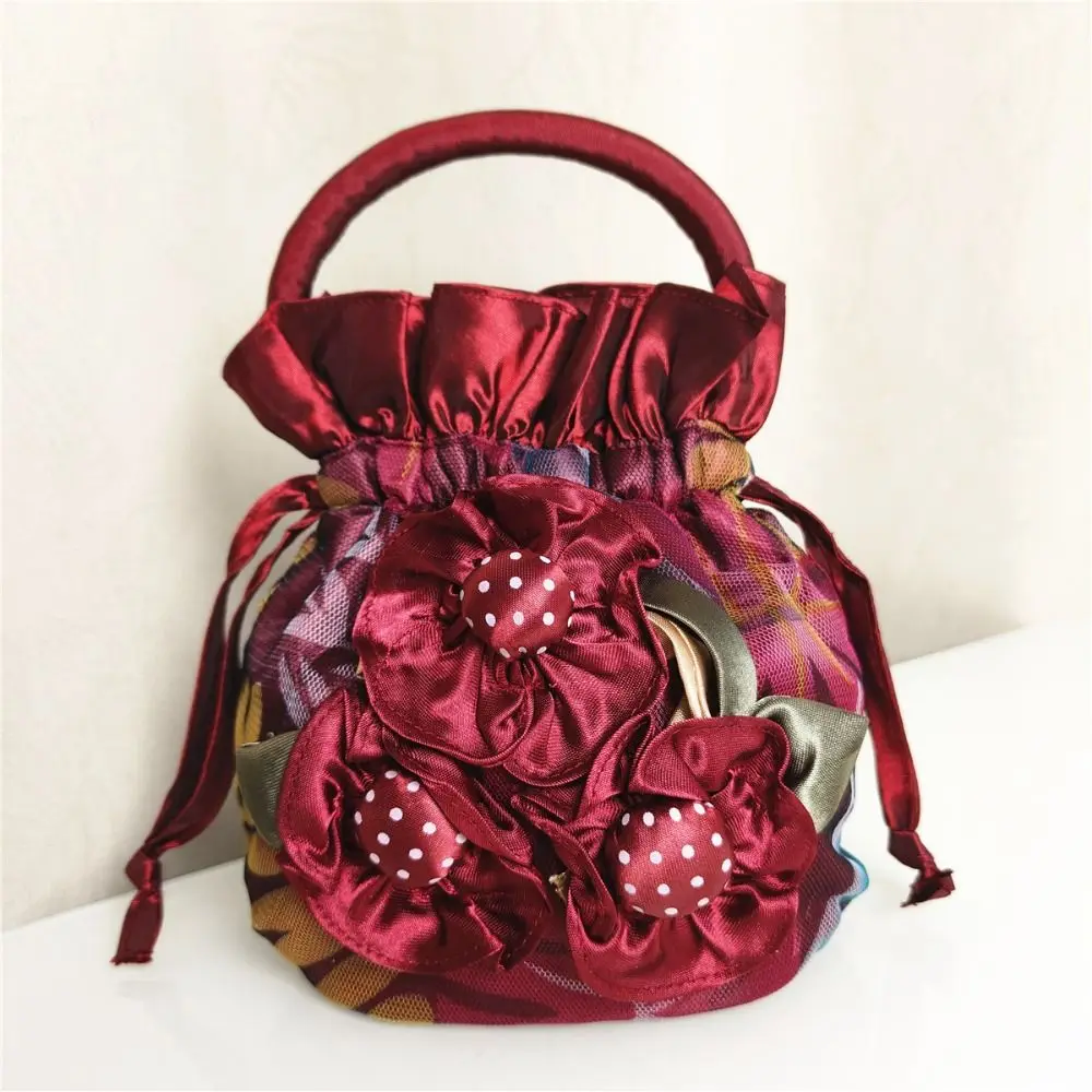 Purse Wallet Satin Silk Drawstring Bucket Bag Retro Ethnic Style Rose Flower Handbag Cosmetic Bag Elegant Ladies Clutch Bag Mom