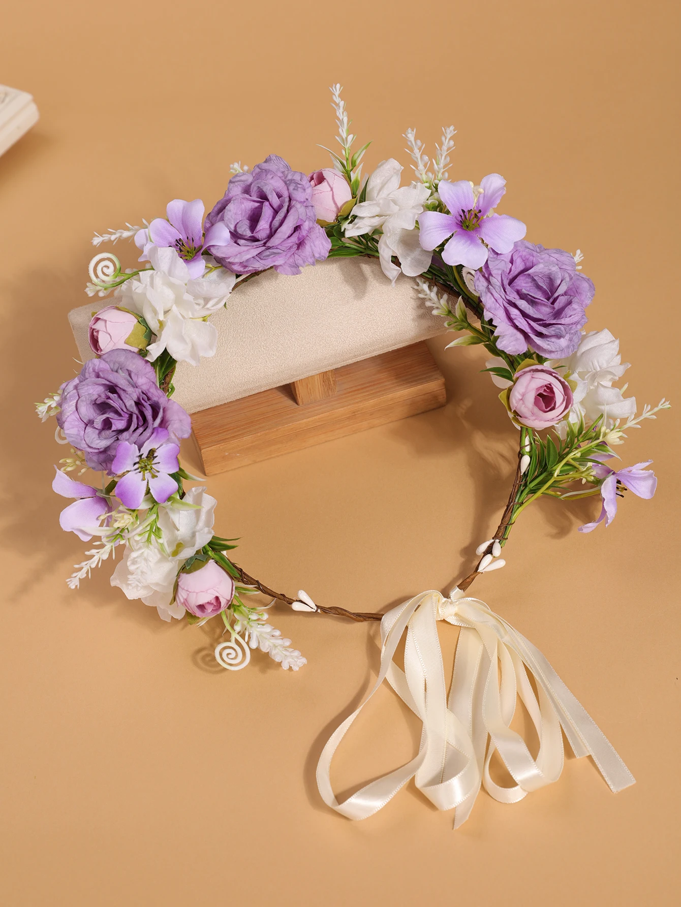 Simulierte Rosenblüten-Girlande als Kopfschmuck - Bohemian-Style Verstellbares Band-Haarband - Geeignet für Brautjungfern, Hochzeiten, Porträts – Detail 11