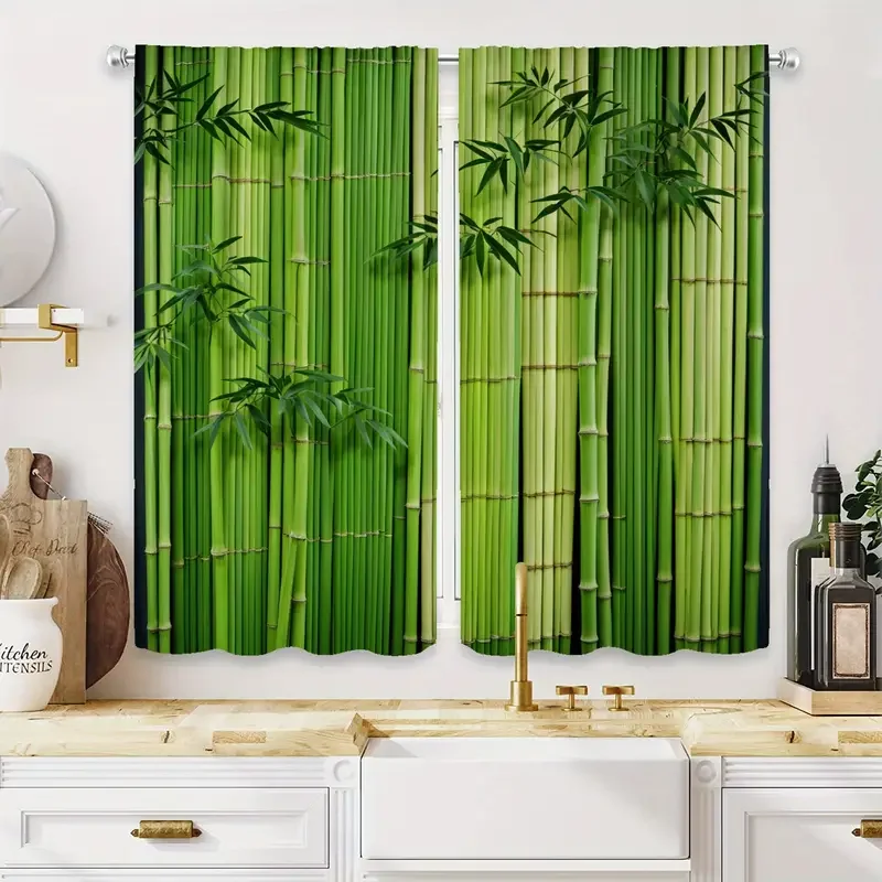 2 Stück üppige grüne Bambus-bedruckte Vorhänge, entworfen für Lichtfilterung, hochwertiges Material, ideal für die Fensterdekoration im Zen-Stil