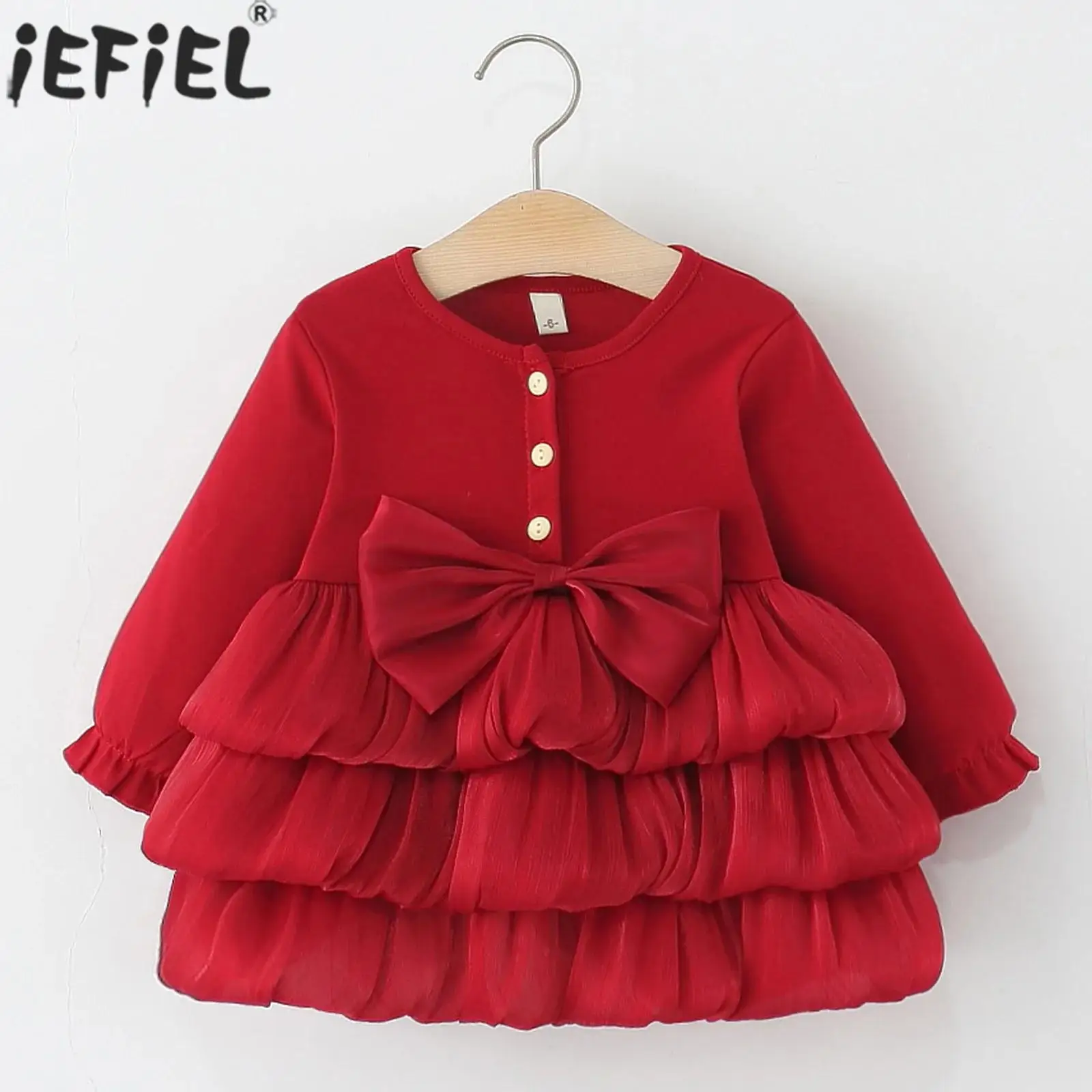 

0-24M Baby Girls Christmas Christening Wedding Birthday Party Princess Dress Long Sleeve Sweet Cute Bowknot Tiered Ball Gown