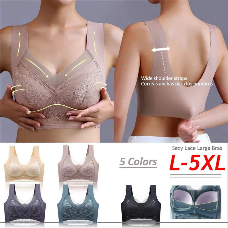 2PCS/Set Women Floral Lace Sport Bras Plus Size Bras Full Cup Backless Vest Female Gather Shock-Proof Wireless Brassiere L-5XL