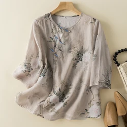 Chinese Style Women's Blouses Summer O-Neck Clothing New Short Sleeves Tops Vintage Loose Cotton Linen Prints Shirts