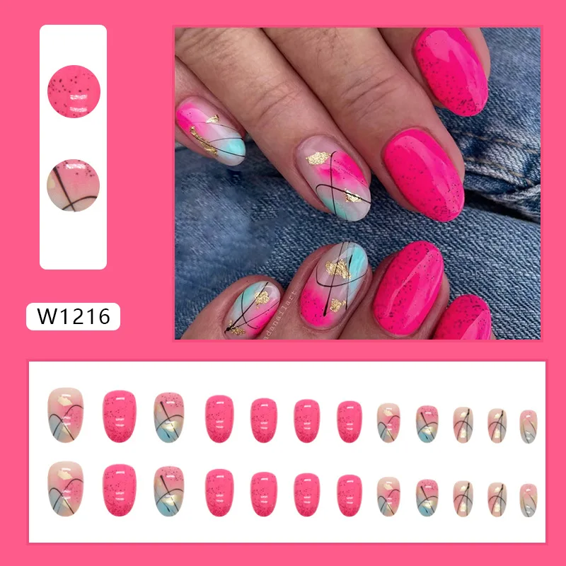 

24Pcs Medium Round Press on Nails - Dragon Fruit Inspired Abstract Swirls with Gold Leaf | Artistic Pattern Design