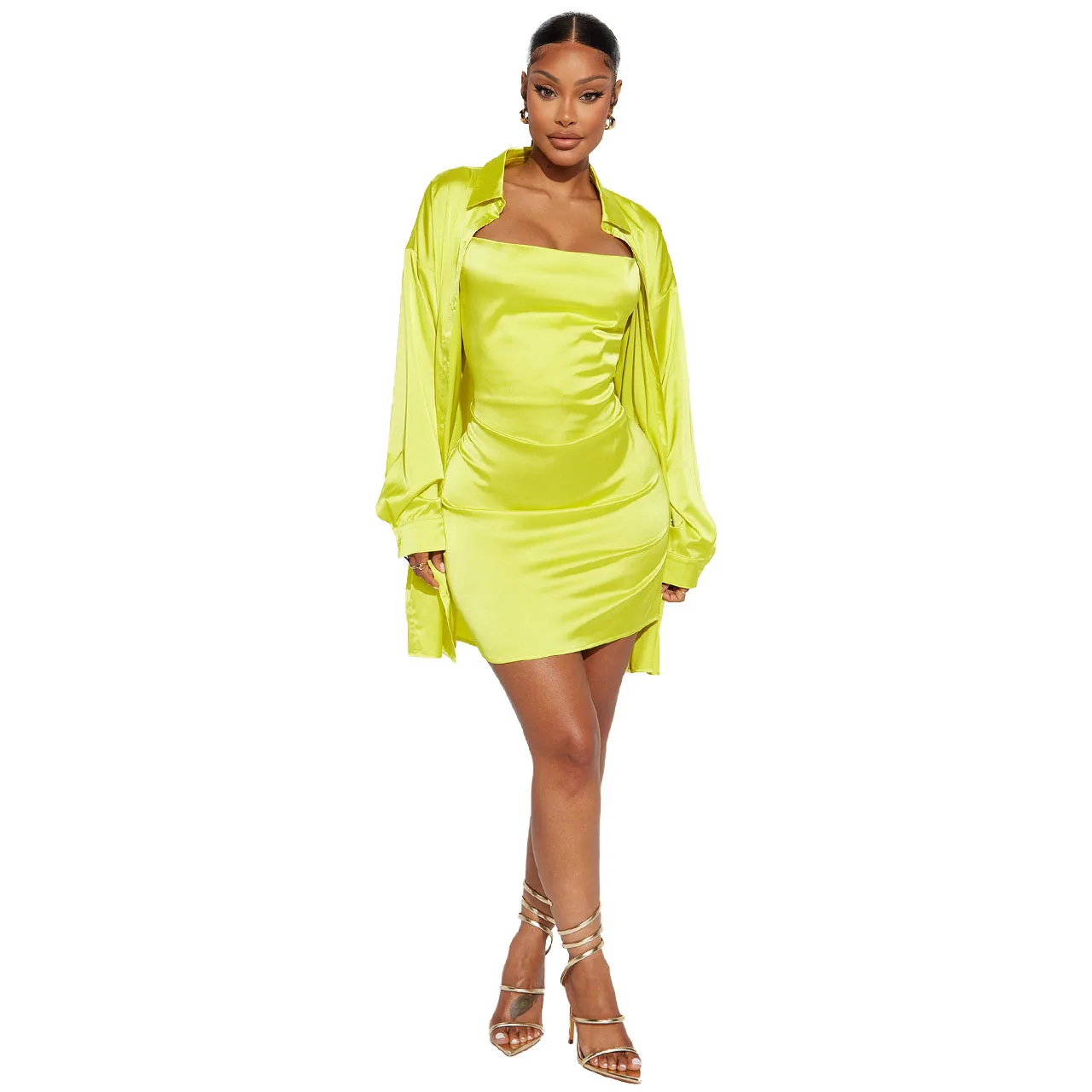 Glossy Satin Women Dress Set Solid Long Sleeve Button Up Shirts Spaghetti Straps Mini Dress 2023 Autumn Sexy Night Club Vestidos