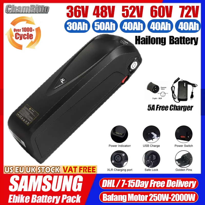 

Electric E bike Battery 36v 48v 52v 60v 72v 20 24 30 40 50ah Downtube Li-ion Battery Bafang 2000w 1000w 750w BBS01B BBS02B BBSHD