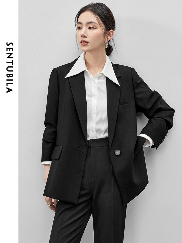 SENTUBILA Classic Black Single Button Blazer for Women 2024 Autumn Loose Split-hem Office Work Business Women Clothing 143X55915