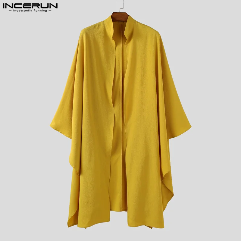INCERUN الرجال نمط طويل خندق معاطف غير النظامية الصلبة طويلة الأكمام الذكور سترة الشارع الشهير فضفاضة المفتوحة غرزة ملابس خارجية غير رسمية الرجال