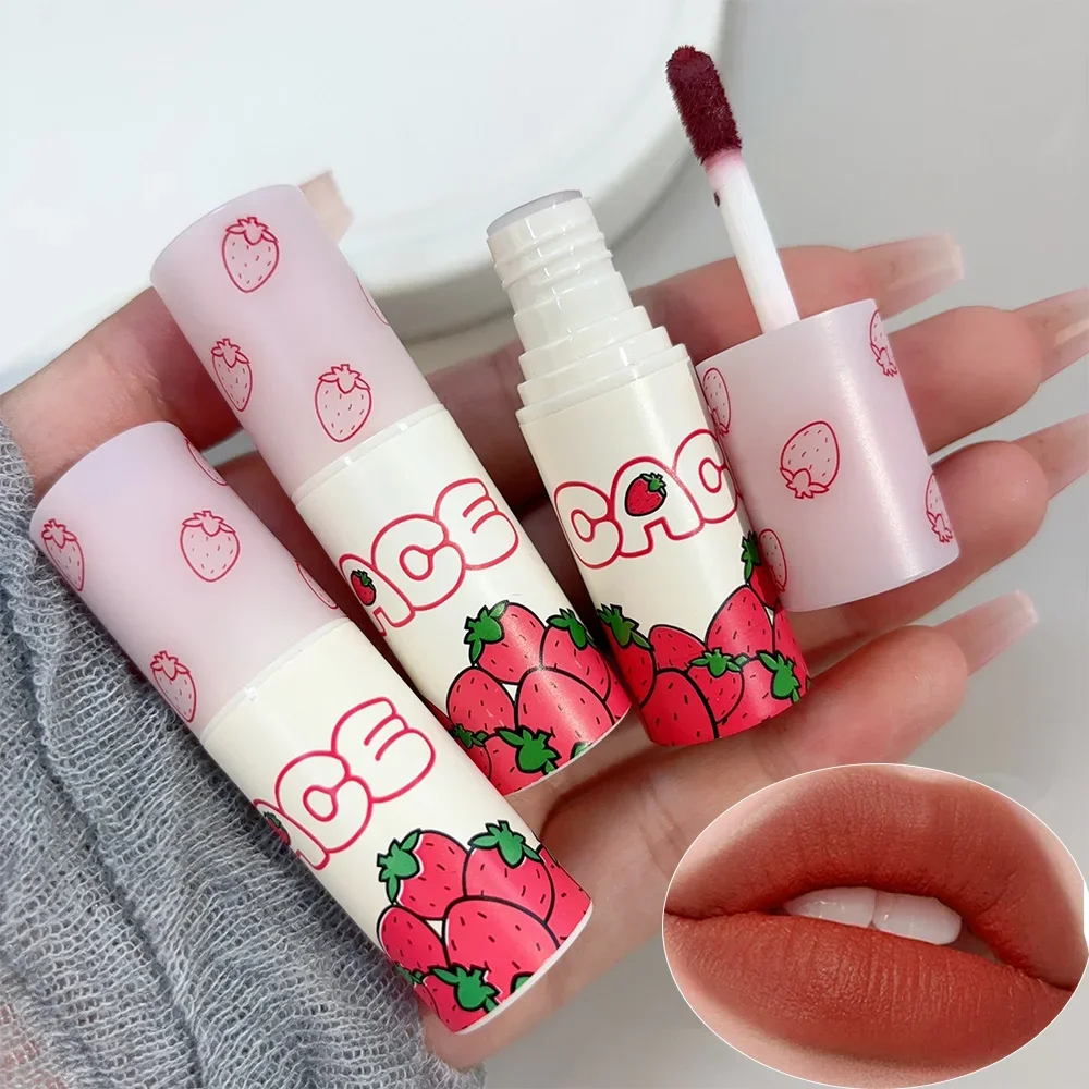 Lovely Strawberry Lip Mud Clay Velvet Matte Lipstick Makeup Waterproof Long-lasting Smooth Red Lip Tint Pigment Lip Gloss 6Color