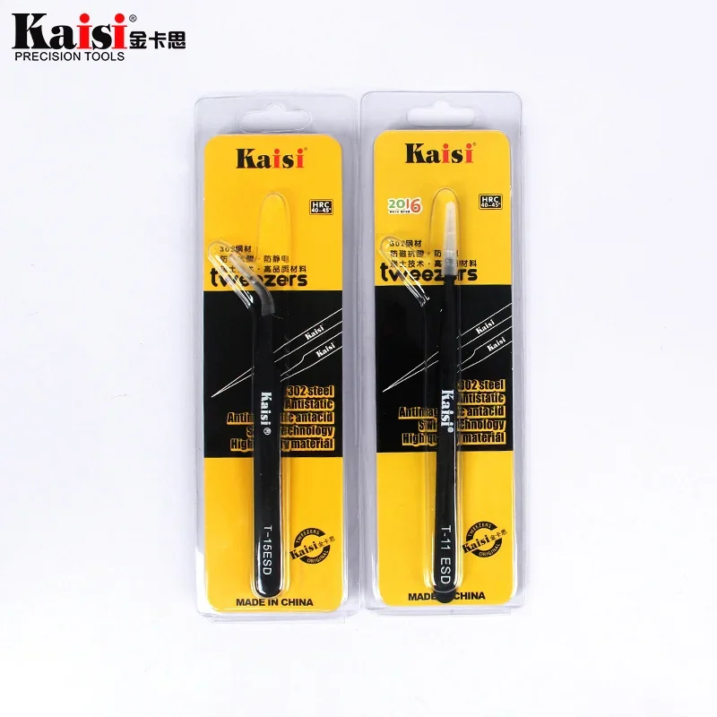 Kaisi-ステンレス鋼ストレートピンセット、帯電防止esd、安全で精密な細い先端、T-11、T-15、esd