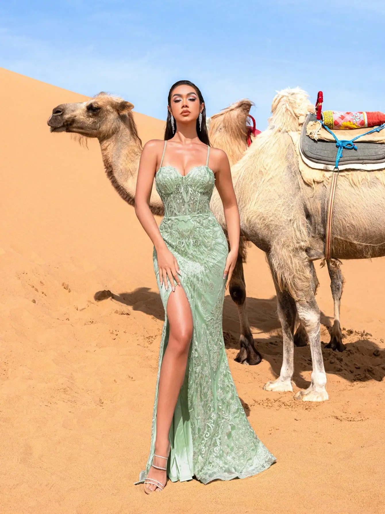 هوت بريق أنيق الدانتيل متابعة الظهر مطرز زلة مطرز فساتين رسمية وفساتين السهرة