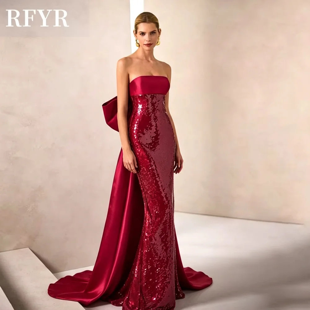 RFYR Mermaid Evening Dress Sequined Prom Dress with Bow Back Party Dress Strapless Celebrity Dress for Arabic Women Customized image 5