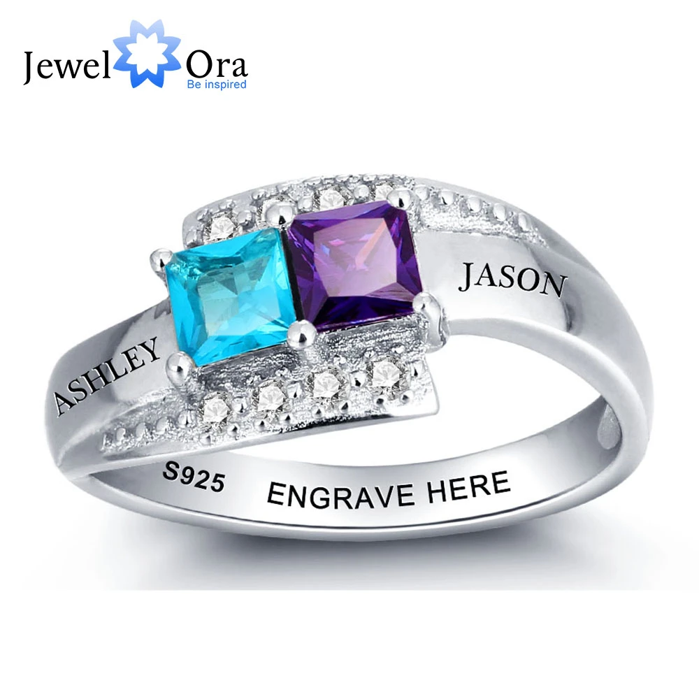 JewelOra 925 Sterling Silver Personalized Couples Promise Rings for Her Customized Engrave Name Birthstone Ring Mothers Day Gift