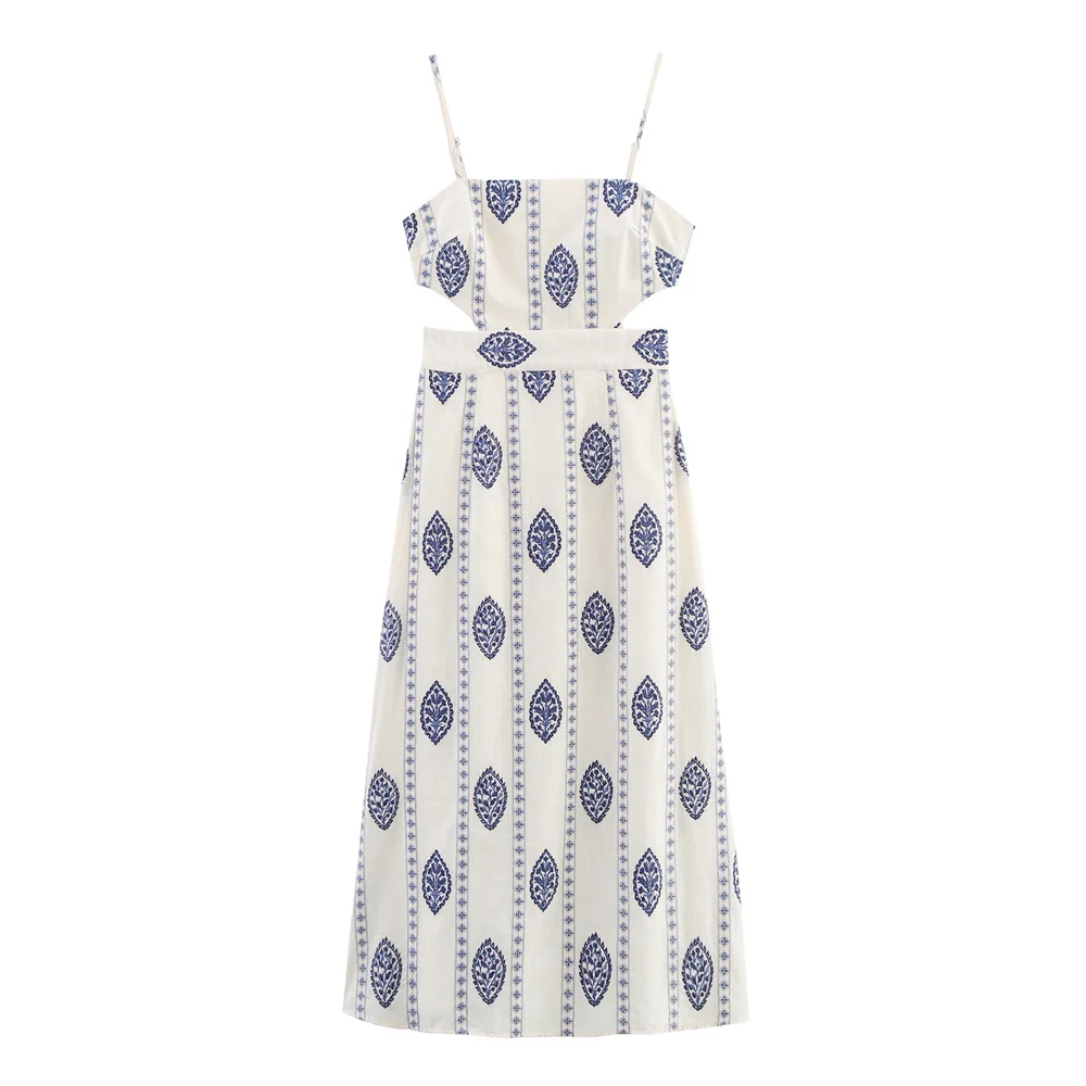 Women's Fashion Open Design Hollow Embroidery Strap Long Dress Summer New Style Slimming Midi Dress