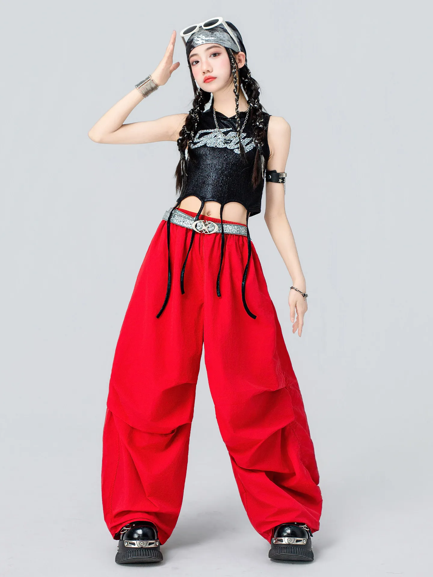 

Kid Hip Hop Clothing Black Vest Sweatshirt Red Casual Cargo Pants For Girls Jazz Dance Costumes Fashion Show Streetwear DQS23389