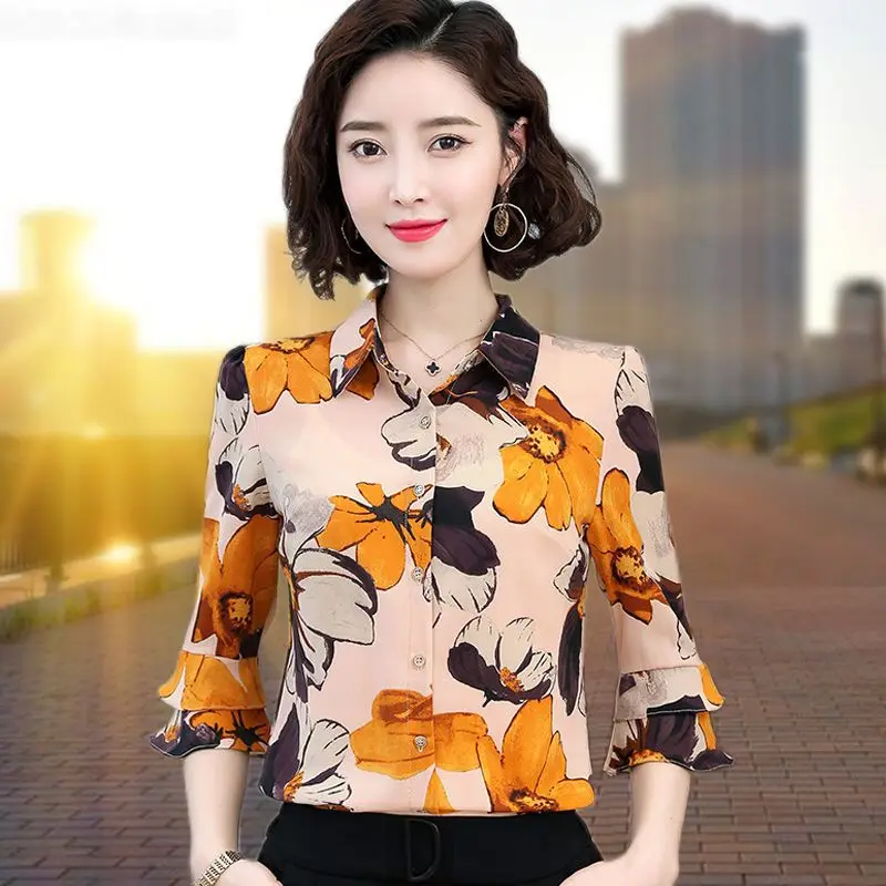 Vintage Printed Button Asymmetrical Shirts Women\'s Clothing 2023 Autumn Winter New Loose All-match Tops Office Lady Blouses